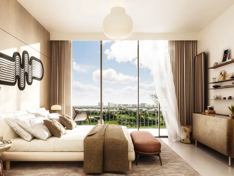 Interior render of a Golf Point bedroom with a window over the golf course