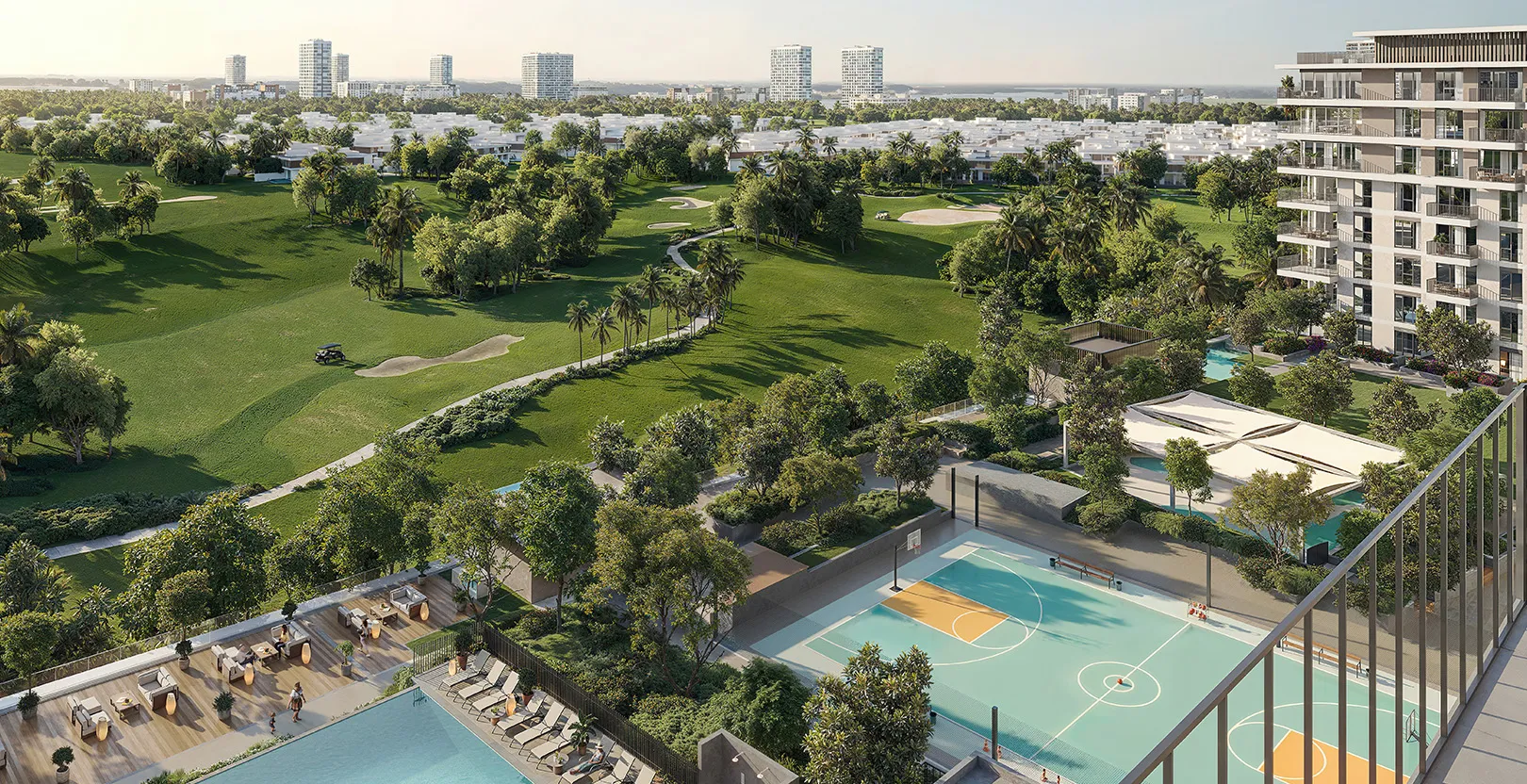 Render of the view from a Golf Point balcony over the podium pool, sports court and the Emaar South golf course