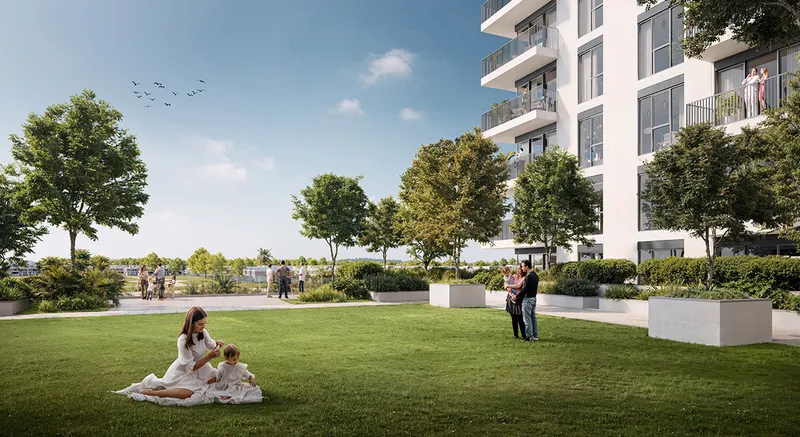 Render of residents on the open lawn beside a Golf Point building