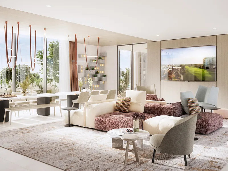 Interior render of a Golf Point living and dining room with full-height windows