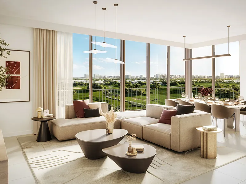 Interior render of a Golf Point living room looking out to the golf course