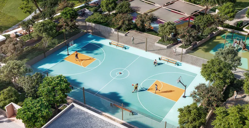 Aerial render of the Golf Point multi-use sports court on the podium