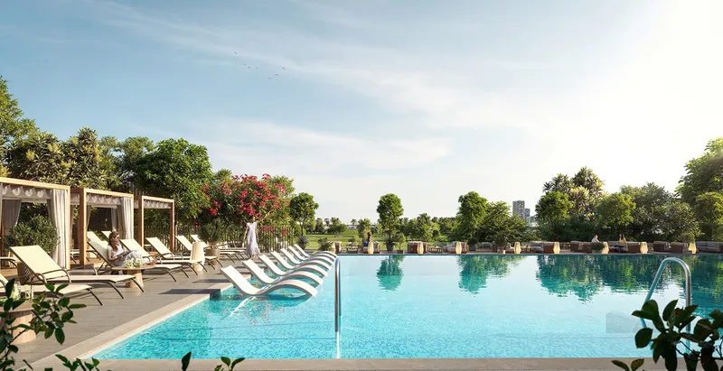 Render of the Golf Point swimming pool with sun loungers and cabanas