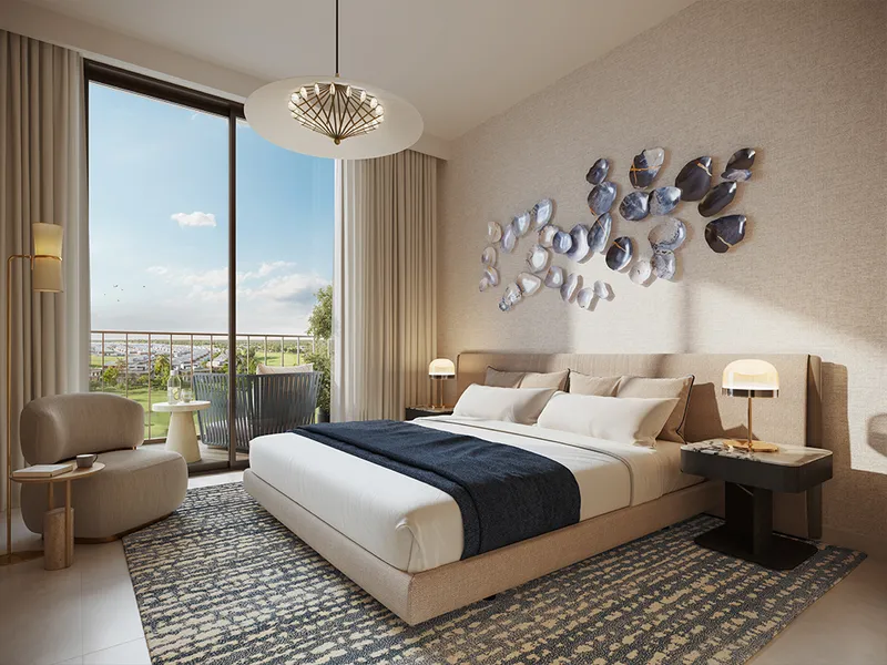 Interior render of a Golf Verge bedroom with a balcony view of the golf course