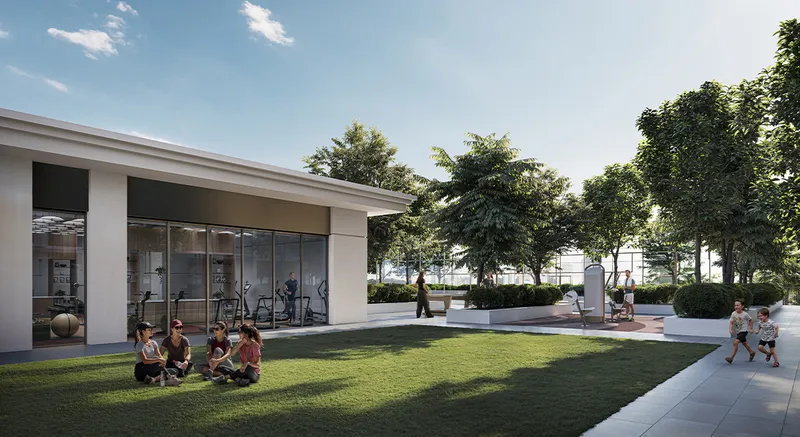 Render of the Golf Verge gym pavilion opening onto a lawn