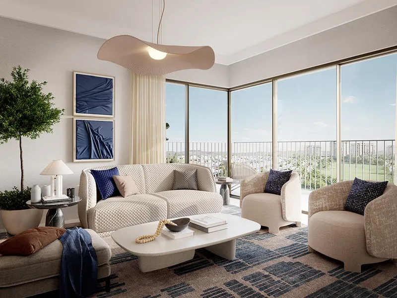Interior render of a Golf Verge living room with a corner window over the greenery