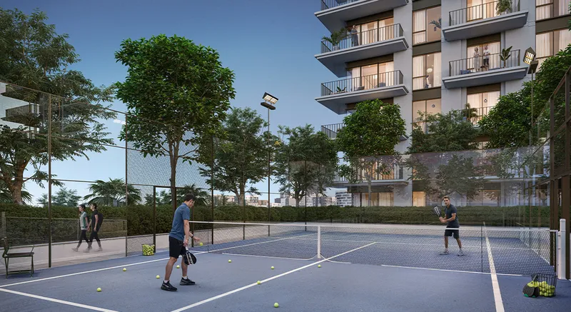 Render of residents playing on the Golf Verge padel court
