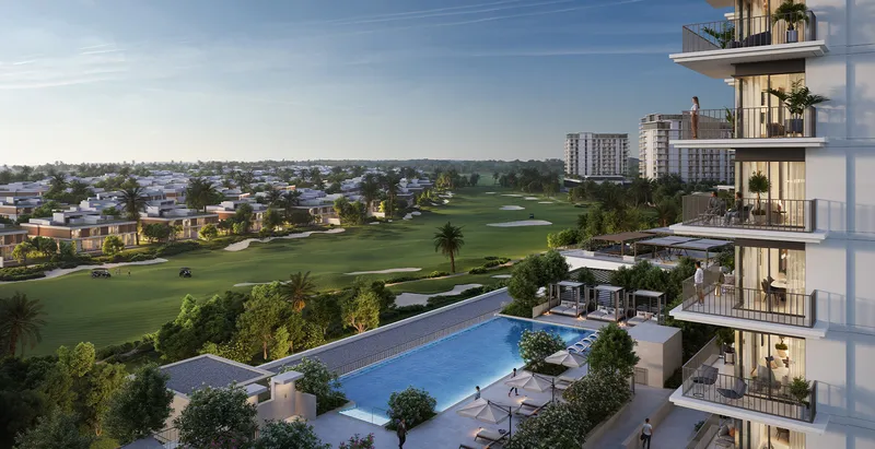 Render of the Golf Verge pool deck with the Emaar South golf course beyond
