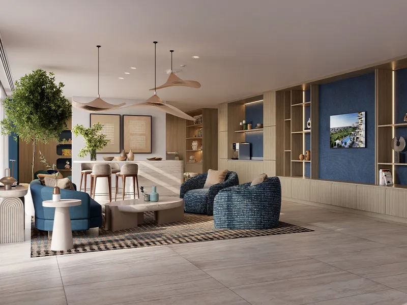 Interior render of a Golf Verge residents' lounge with timber shelving and seating
