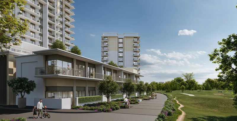 Render of the Golf Verge townhouses along a landscaped walkway with apartment buildings behind