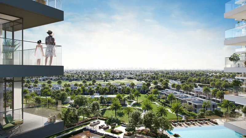 Render of residents on a Greenside Residence balcony looking over the pool deck and Dubai Hills Estate