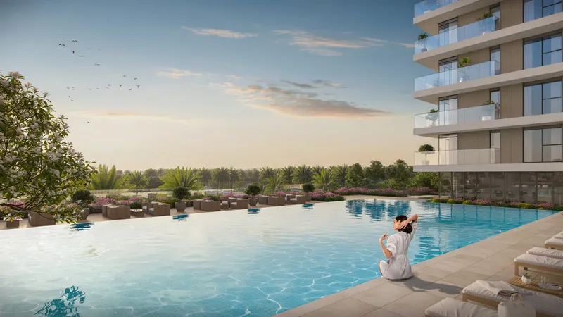 Render of the Greenside Residence infinity pool and pool deck at the foot of the building