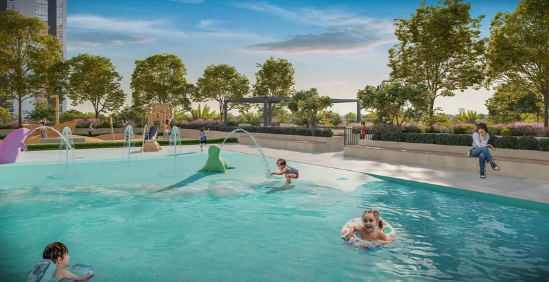 Render of children in the Greenside Residence kids' pool beside the play area
