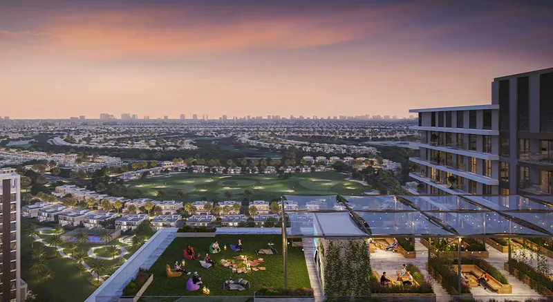 Render of residents on the Greenside Residence landscaped deck at dusk with the golf course beyond