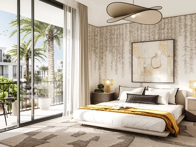 Interior render of a Greenway 2 bedroom with a balcony and palm views
