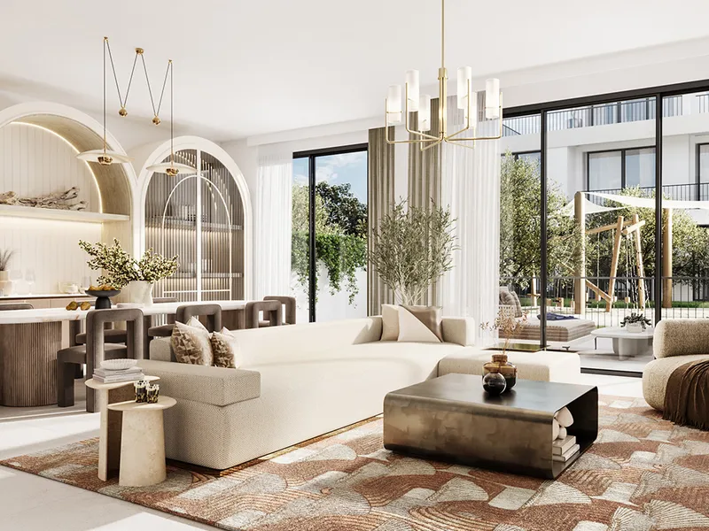 Interior render of a Greenway 2 living room opening to a garden through full-height glazing