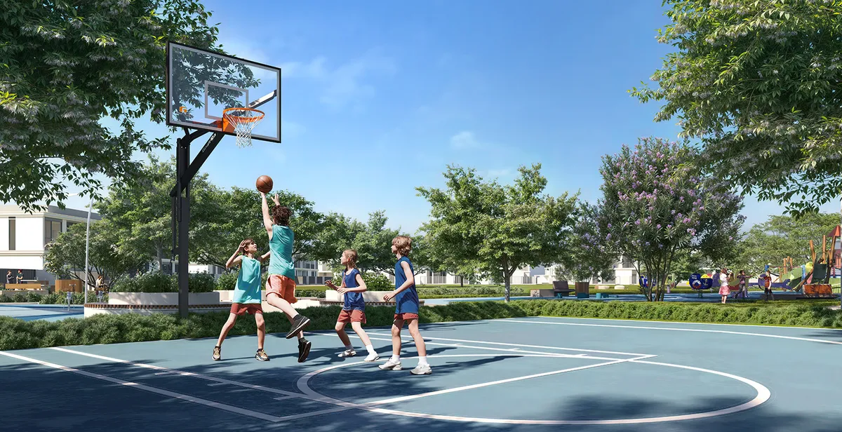 Render of children playing basketball on the Greenway 2 multi-purpose court