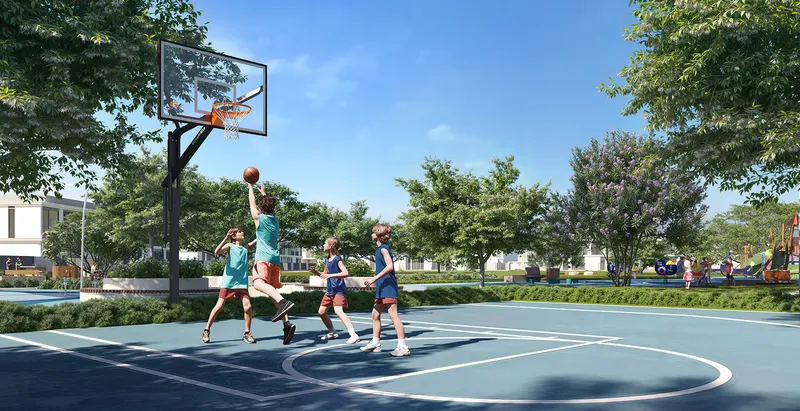 Render of children playing basketball on the Greenway 2 multi-purpose court