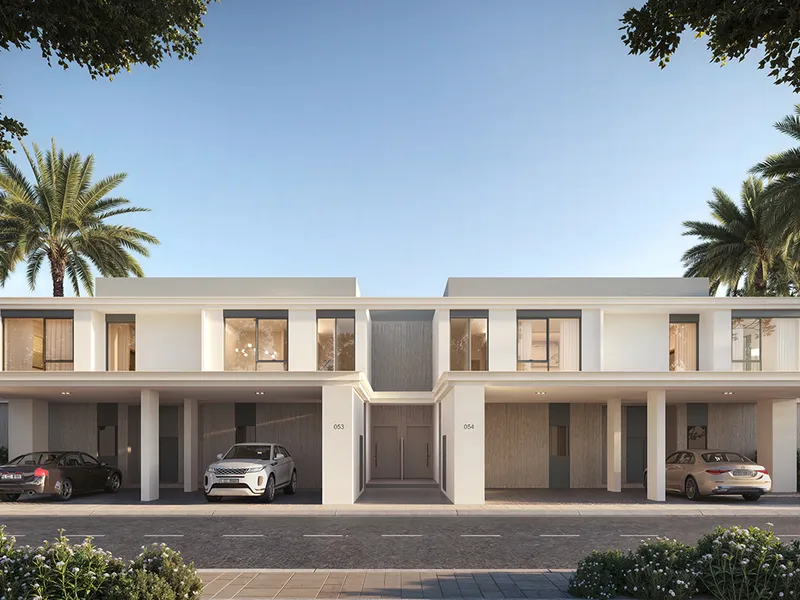 Render of a second Greenway 2 townhouse facade style in pale tones with covered parking