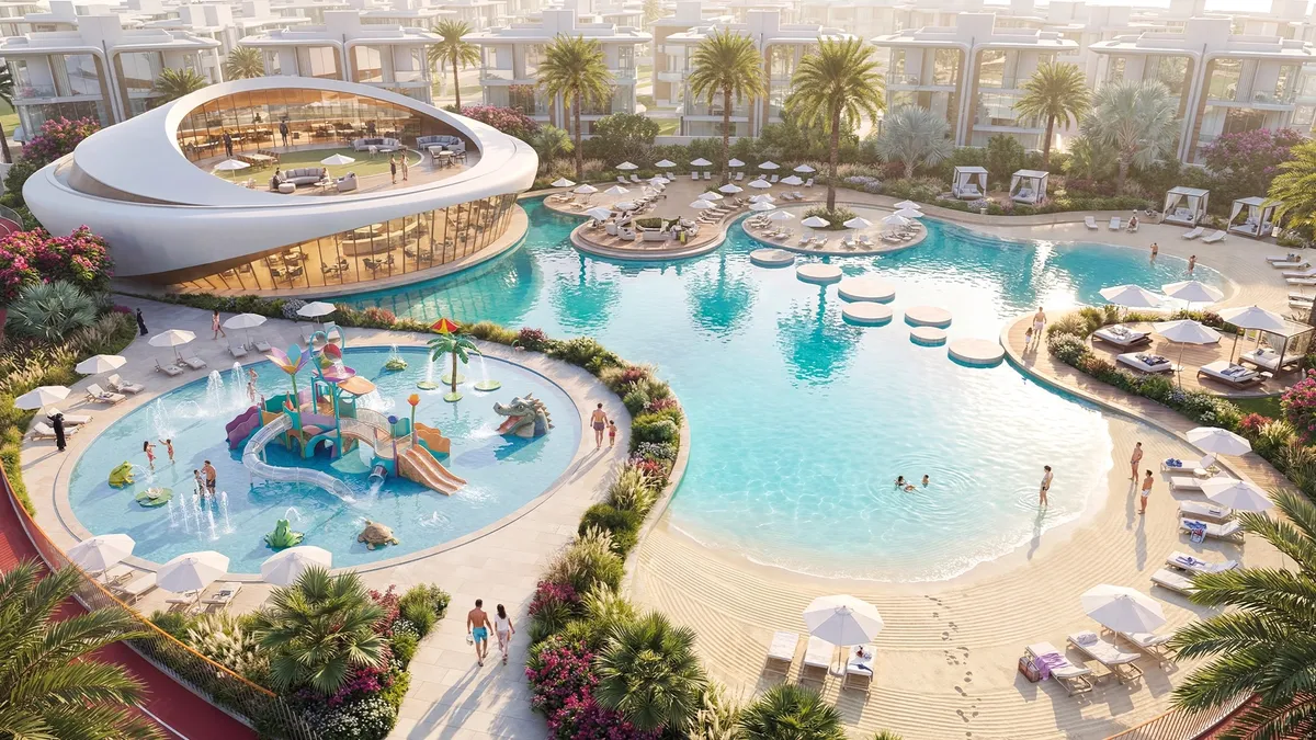 Beach lagoon, kids’ water park and Beach Clubhouse at Greenz by Danube