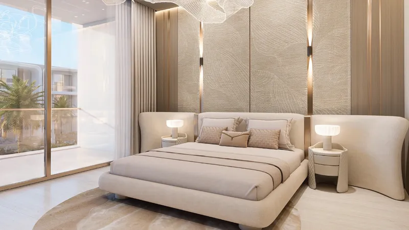 Furnished bedroom with full-height windows in a Greenz by Danube home