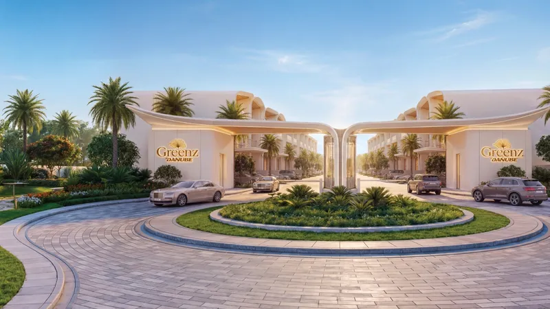 Gated entrance and landscaped roundabout at Greenz by Danube