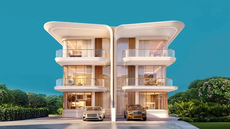 Front elevation of a pair of twin villas at Greenz by Danube with covered parking