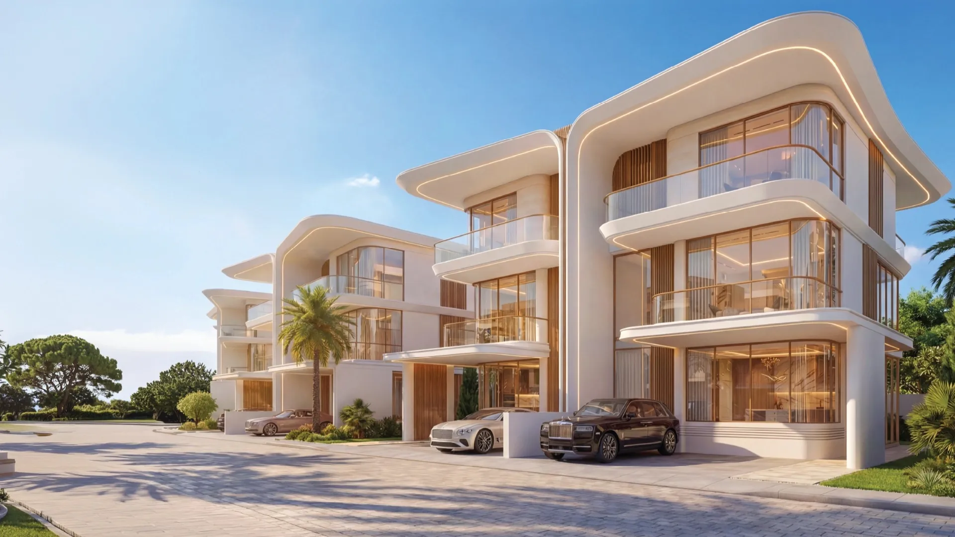 Row of three-storey villas with curved white roofs at Greenz by Danube, near Academic City