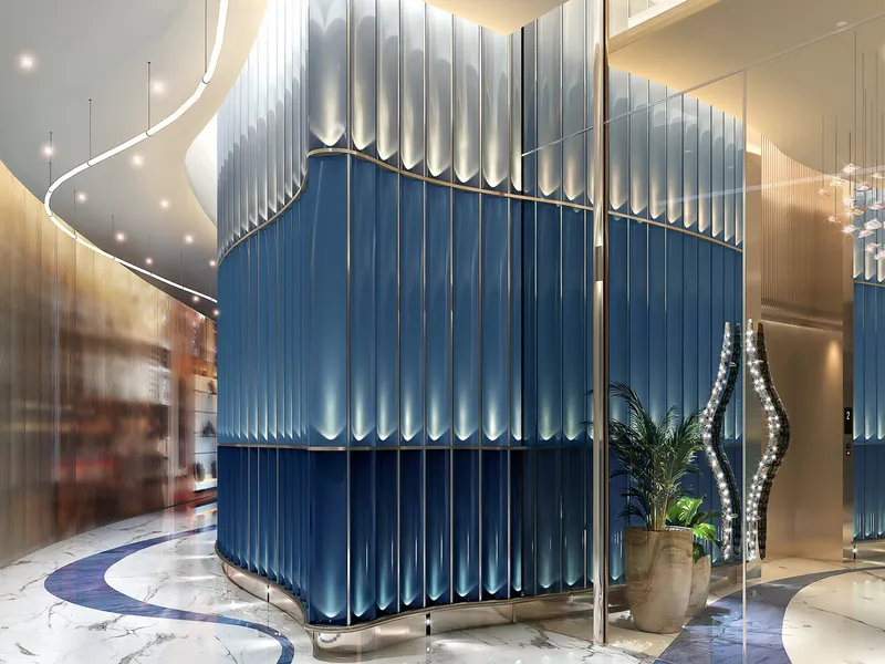 Blue and silver feature wall and marble floor in the Harbour Lights lobby