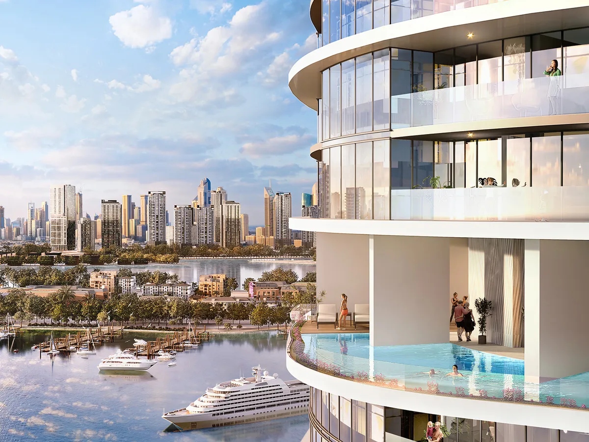 Infinity pool terrace at Harbour Lights overlooking a marina and the Dubai skyline