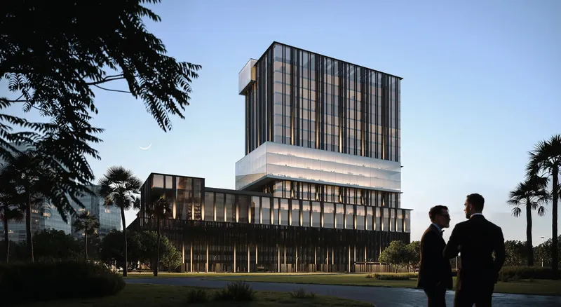 Dusk render of Haus of Tenet, a dark glass office tower on a low podium with a pale glazed band, framed by palm trees