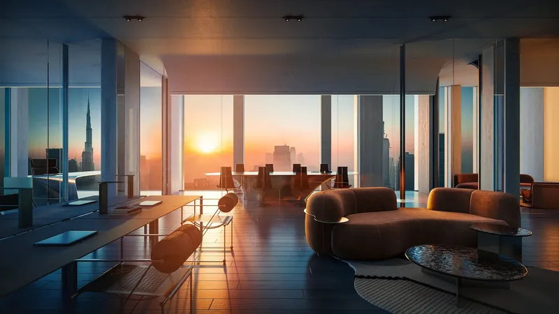 Render of a furnished office at Haus of Tenet with full-height windows and a sunset view of the Burj Khalifa