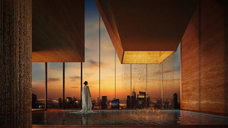 Render of the indoor vitality pool at Haus of Tenet with timber-clad walls and city views at dusk