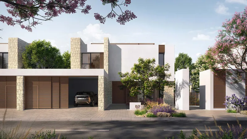 Street render of a 4 bedroom Elite Haven villa with stone and timber cladding