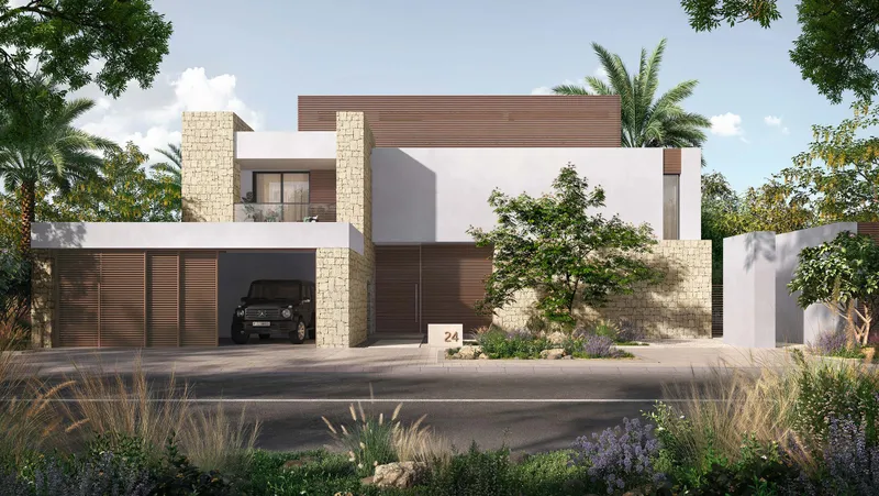 Street render of a 6 bedroom Elite Haven villa with a timber-clad upper floor