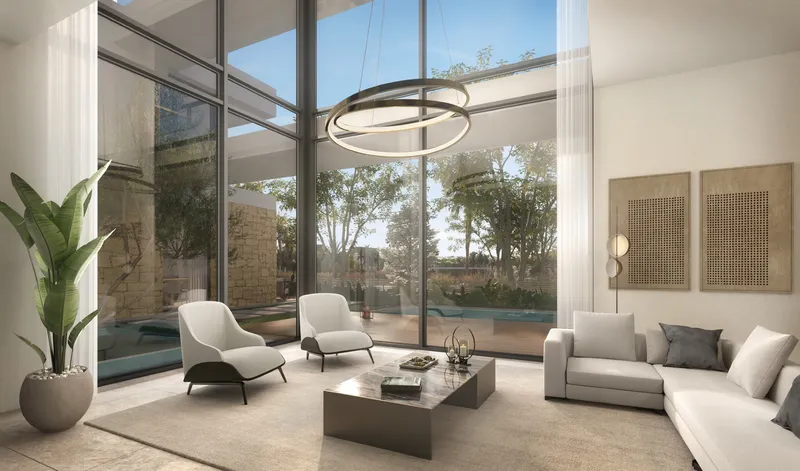 Render of a double-height living room in an Elite Haven villa, light interior scheme