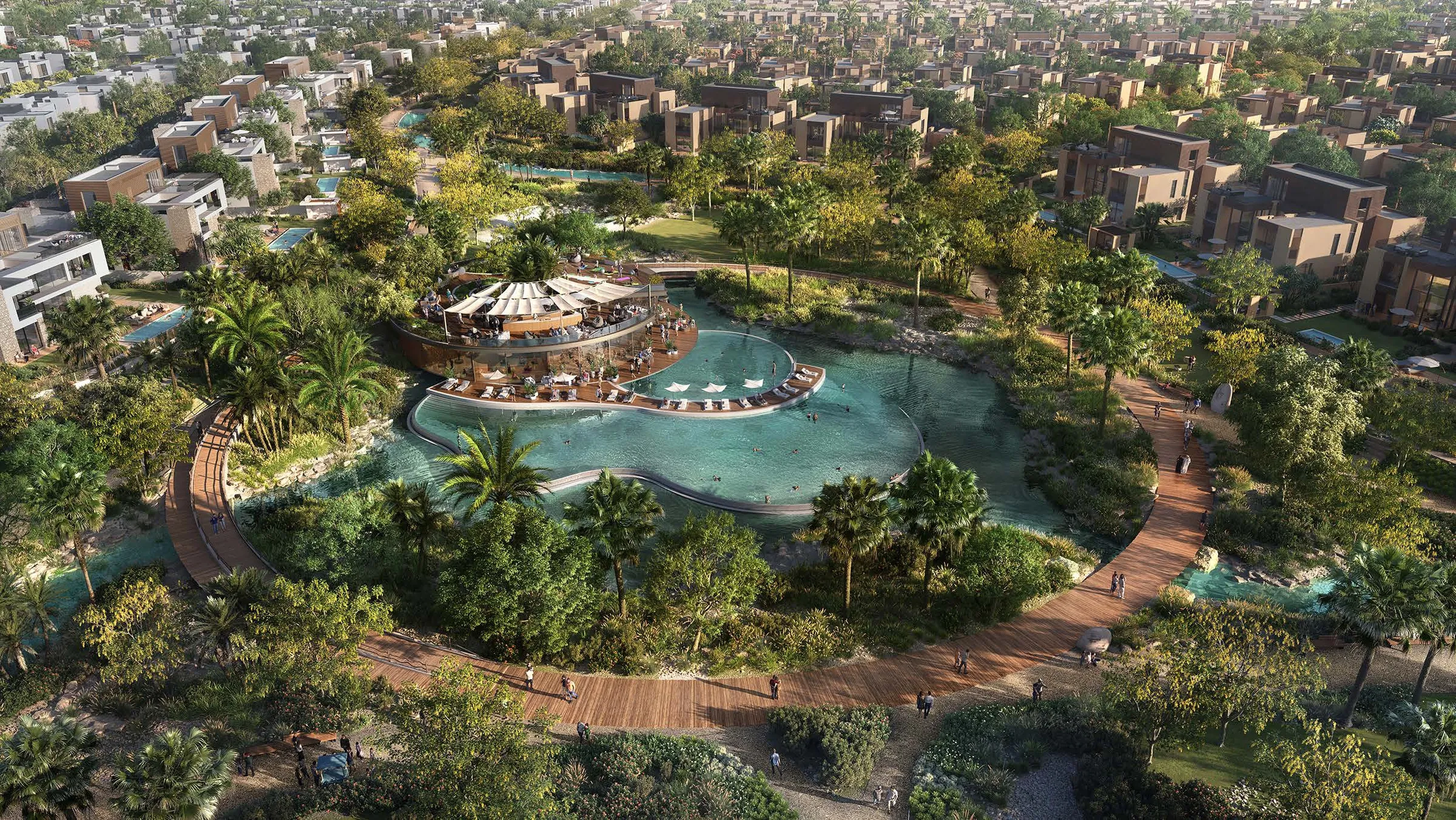 Aerial render of the Haven by Aldar lagoon, pavilion and boardwalk surrounded by villas in Dubailand