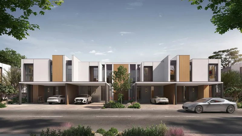 Street render of a row of Park Haven townhouses at Haven by Aldar