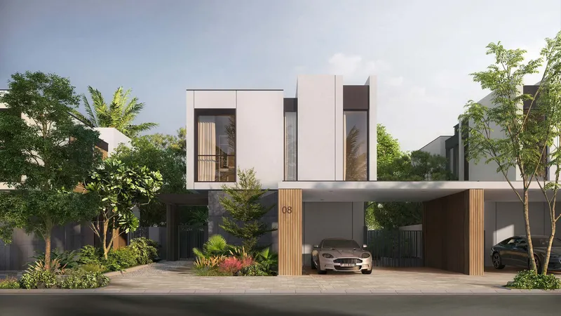 Street render of a 3 bedroom Serene villa with a covered car port at Haven by Aldar