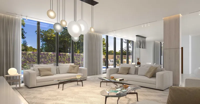 Render of a double height living room in a Hayyan villa with floor to ceiling windows on the garden