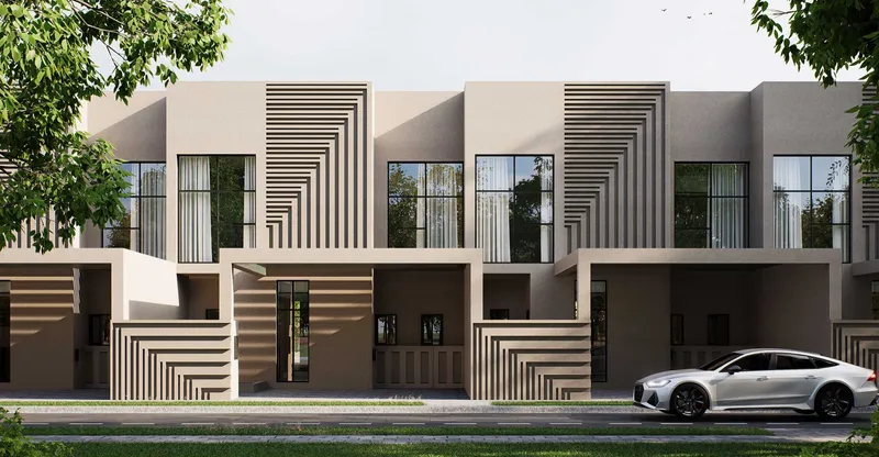 Render of a row of Hayyan townhouses with ribbed facade details and front courtyards