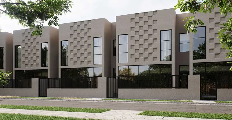 Render of Hayyan townhouses with textured facades behind low front walls