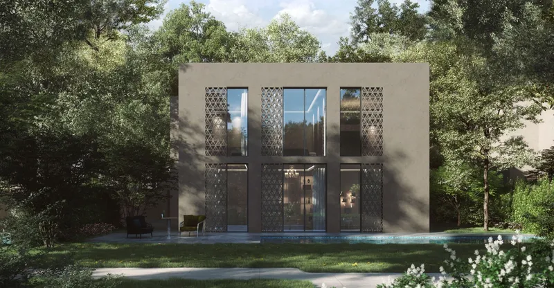 Render of a Hayyan villa with lattice screens set among mature trees