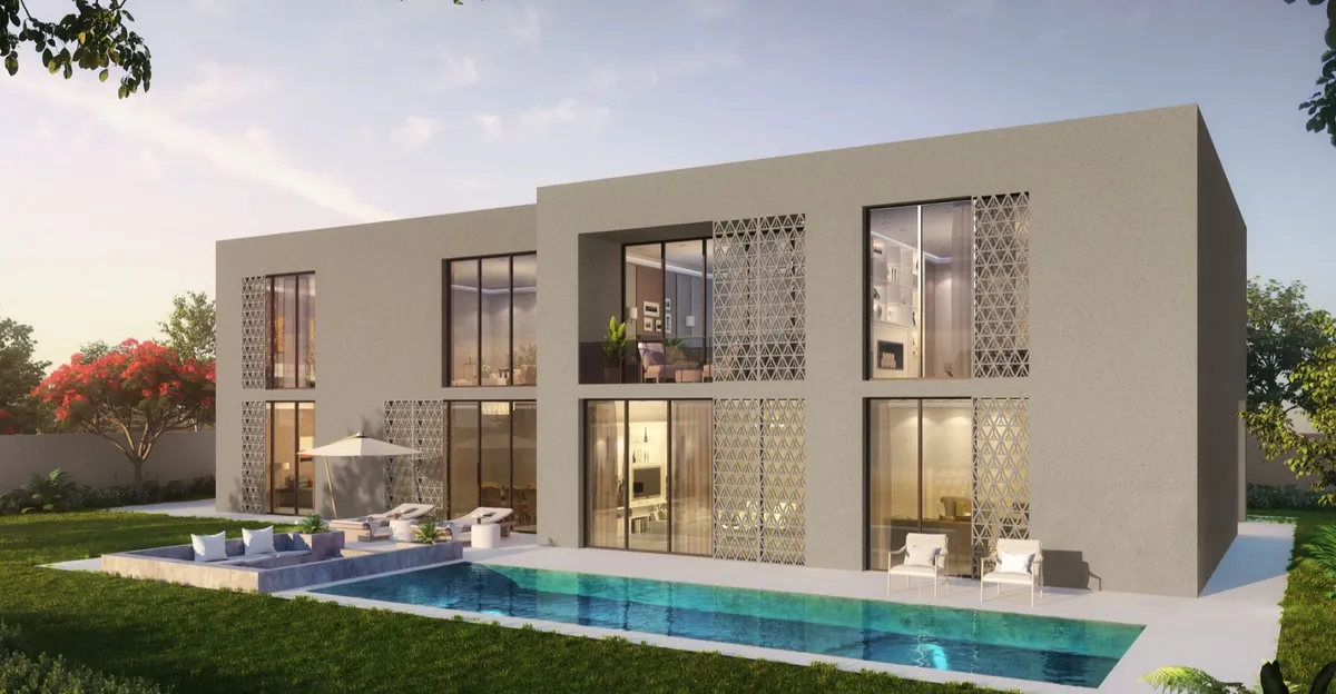 Render of a two storey Hayyan villa by Alef Group with a private pool and garden at dusk