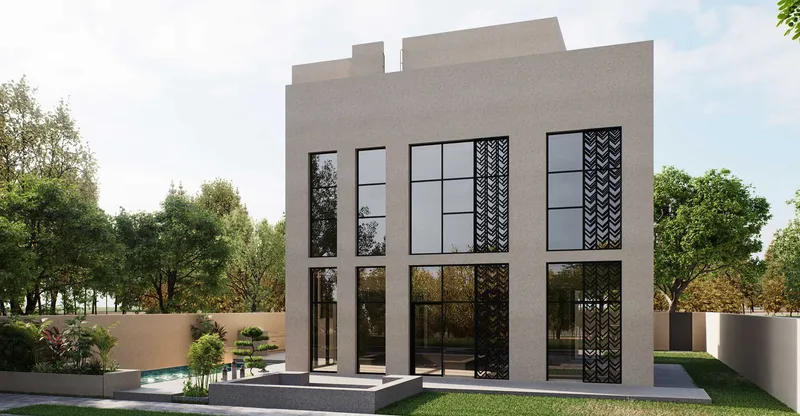 Render of the rear facade of a Hayyan villa with tall windows and patterned screens