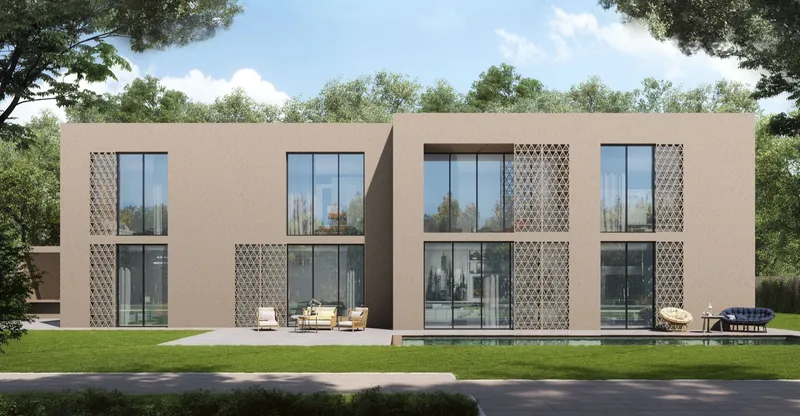 Render of the rear of a large Hayyan villa with a terrace, lawn and pool