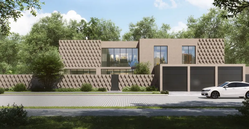 Render of the street front of a Hayyan villa with a patterned facade and a triple garage among trees