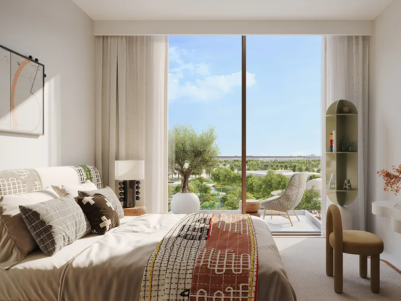 Interior render of a Hillsedge bedroom with a balcony overlooking the park