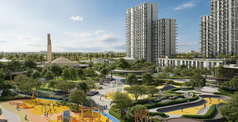 Aerial render of the play areas and paths of Hillside Park with Hillsedge behind