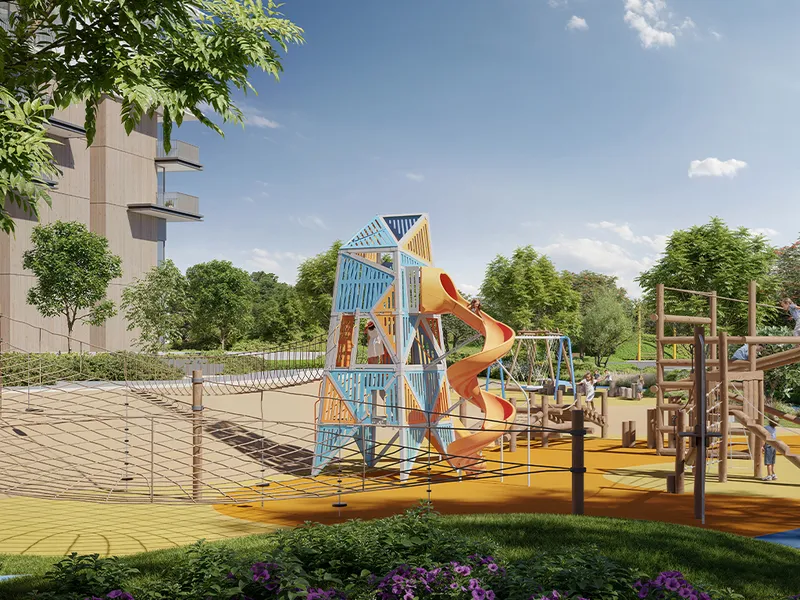 Render of the climbing tower and slide in the kids' play area beside Hillsedge